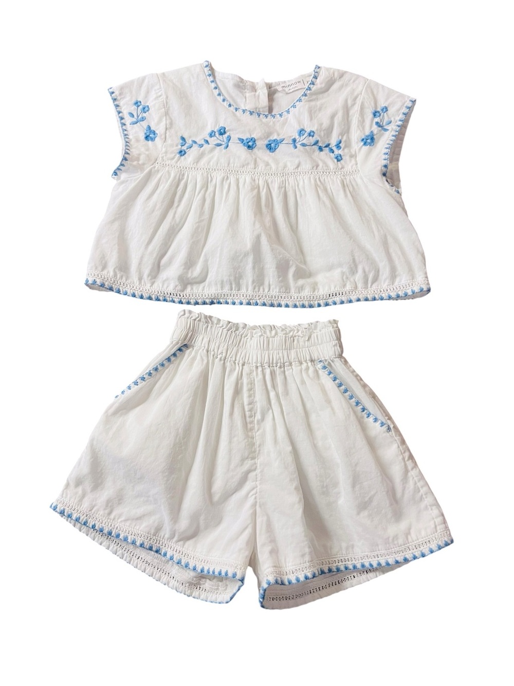 Minnow White & Pastel Blue Embroidered Girls' Top and Shorts Set Size 2T
